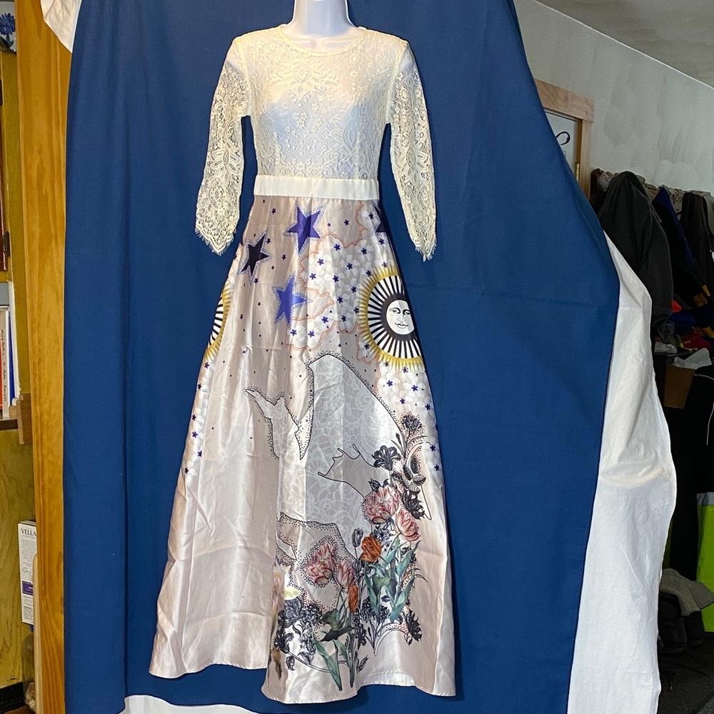 Unique White Lace Bodice with Satin Celestial, Unicorn Print Maxi Skirt -size S